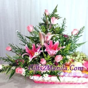 Pink Roses & Lily Mixed With Fruits