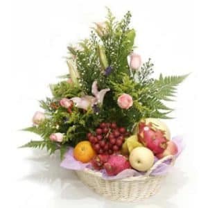 Pink Lily & Roses With Fruits