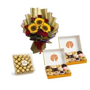 Elegant Trio Surprise Roses, JCO Donuts and Ferrero Delight