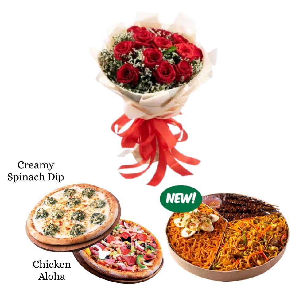 1 Dozen Roses with Bilao Bundle, Creamy Spinach Dip Pizza, and Chicken Aloha Pizza Feast Set. Make any occasion extra special with this perfect mix of floral charm and delicious comfort food: 🌹 1 Dozen Roses Bouquet A classic and graceful bouquet of 12 fresh roses, handpicked and beautifully arranged to express love, appreciation, or heartfelt emotions. Wrapped with care and elegance, it adds a romantic touch to your celebration. 🍽️ Bilao Bundle A festive Filipino-style bilao bundle, packed with traditional favorites like pancit, lumpia, and other savory delights (contents may vary). Served in a woven bilao tray for an authentic and homey touch, it’s ideal for sharing and enjoying with loved ones. 🥣 Creamy Spinach Dip Pizza A rich and satisfying pizza topped with creamy spinach dip, mozzarella cheese, and herbs — a comforting twist that’s creamy, cheesy, and indulgently good. 🍍 Chicken Aloha Pizza A tropical treat featuring tender chicken, juicy pineapple chunks, and a sweet-savory sauce on a golden crust. This pizza offers a delightful burst of flavor in every bite.